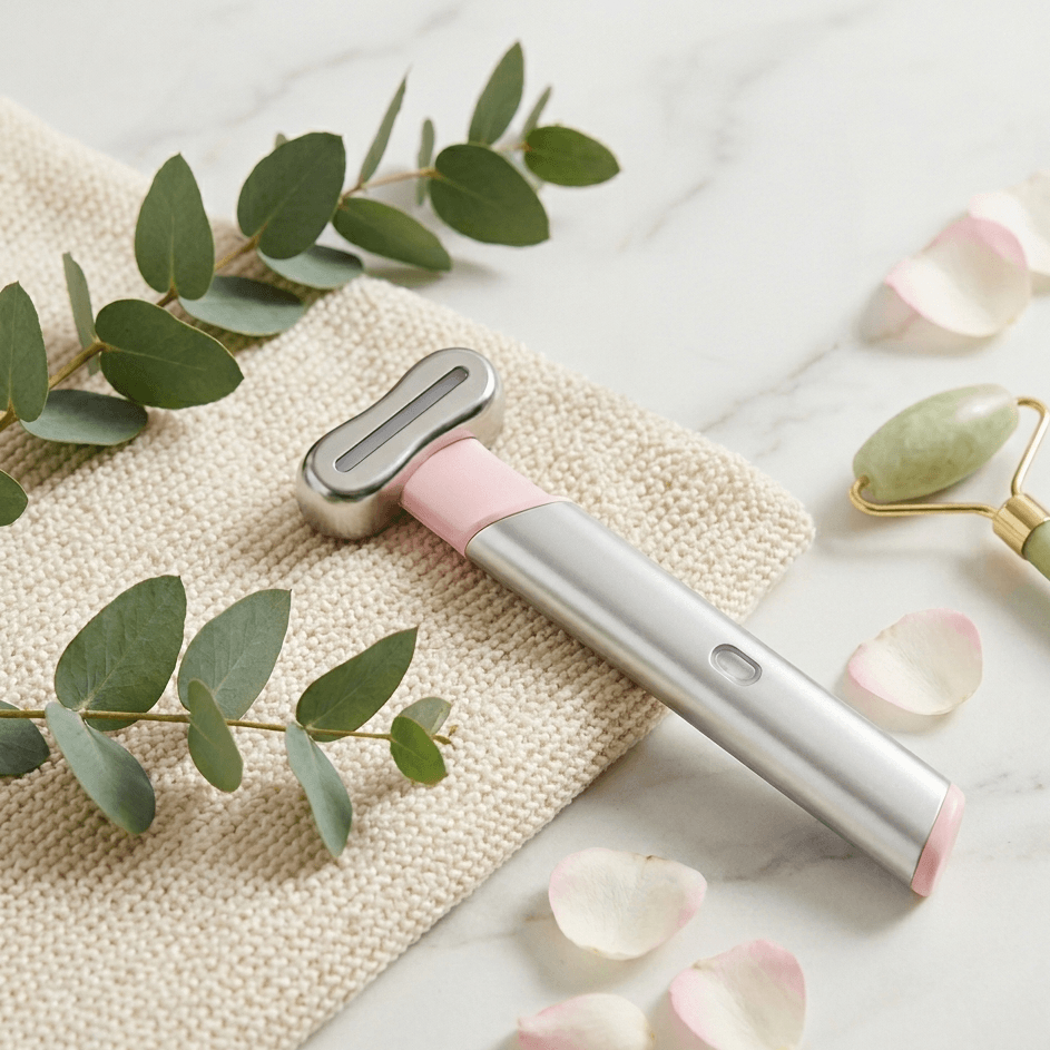 Masážní přístroj na oční okolí EyeGlow Wand s pozadím listů