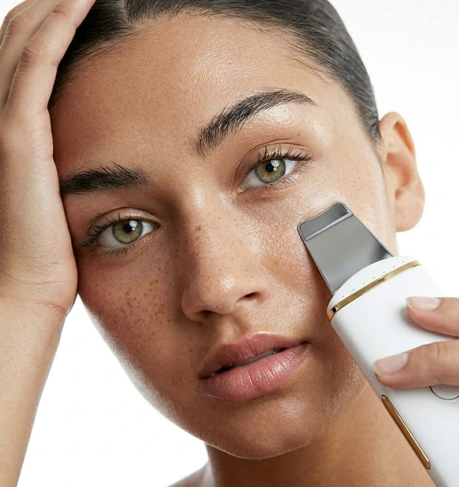 Žena si čistí póry na obličeji pomocí ultrazvukové špachtle ClearLift Pro